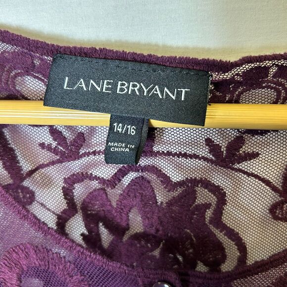 Lane Bryant Burgundy Sheer Embroidered Lace Babydoll Peplum LS Top Size 14/16 - Picture 5 of 13
